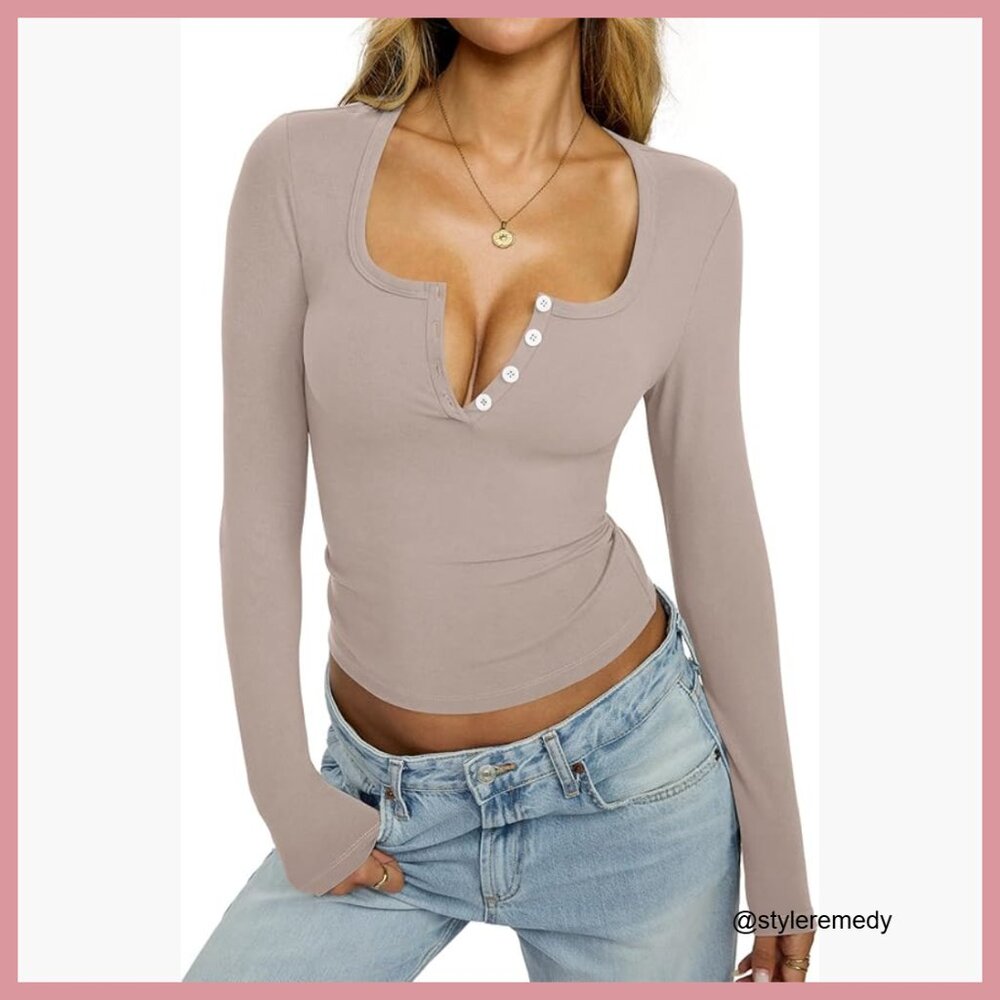 Stretchy Polyester Elastane Henley Long Sleeve V … - image 1